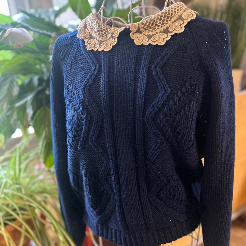 Vintage Croquet Club cable knit navy sweater with lace collar